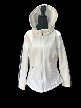 Women’s bebe White Hooded Zip Front Jacket Sports Hood EUC Size L